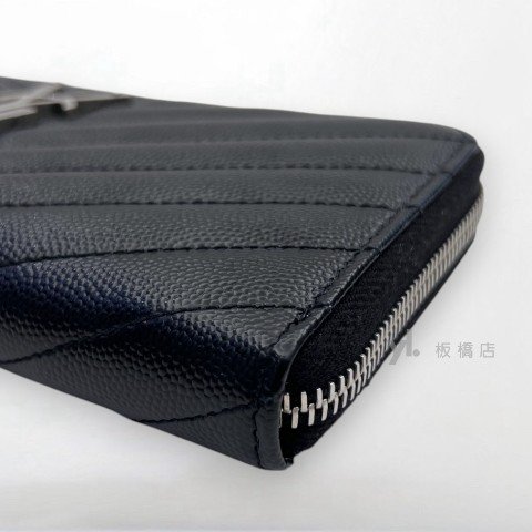 YSL皮夾 黑荔枝皮山形紋銀扣拉鏈長夾-7