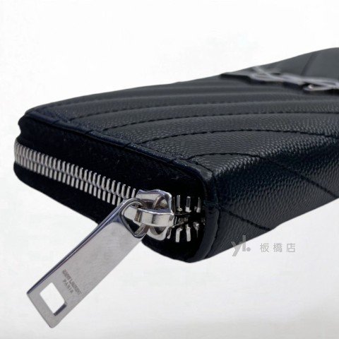 YSL皮夾 黑荔枝皮山形紋銀扣拉鏈長夾-8