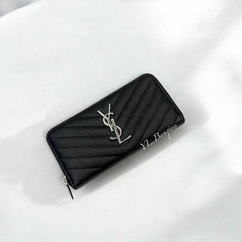 YSL 黑荔枝皮山形紋銀扣拉鏈長夾