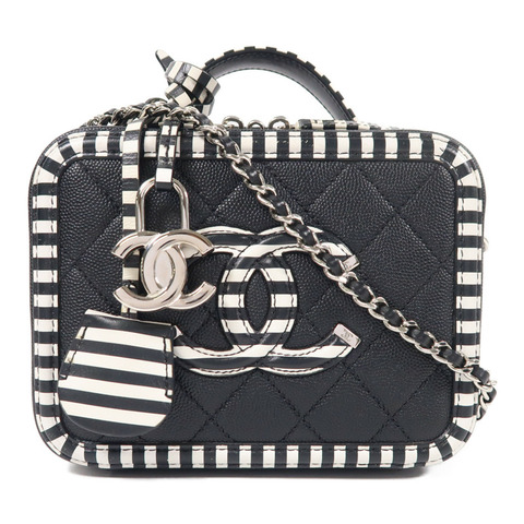 CHANEL 牛皮皮革Filigree Vanity Case銀扣手挽肩背兩用袋