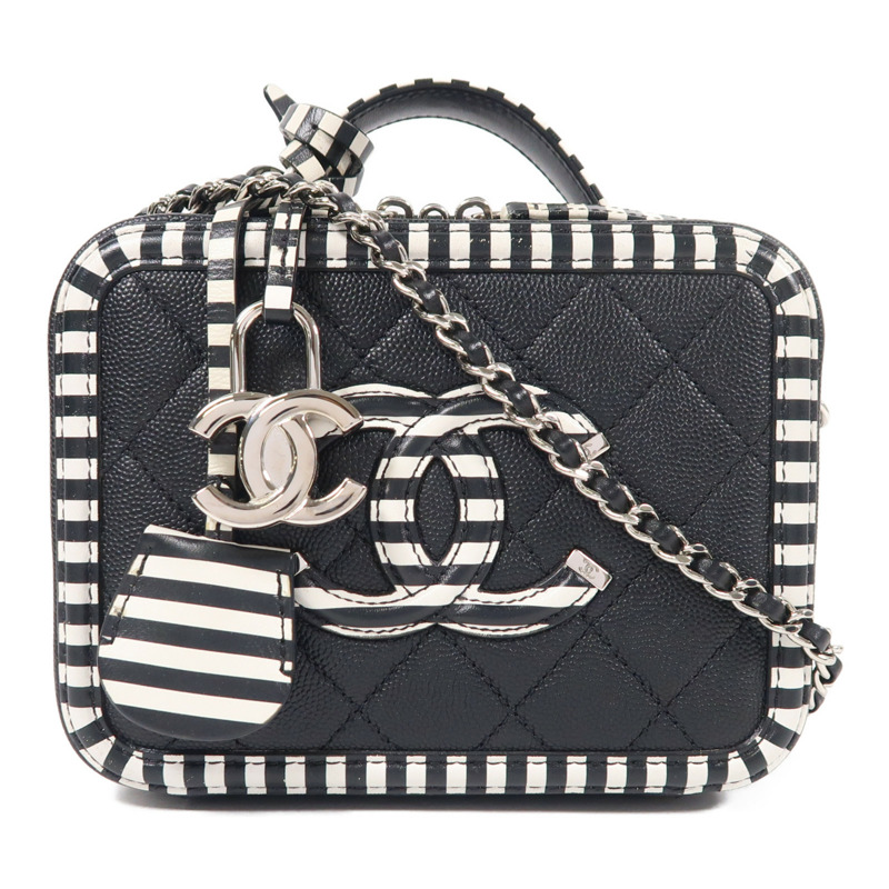 CHANEL 牛皮皮革Filigree Vanity Case銀扣手挽肩背兩用袋-0