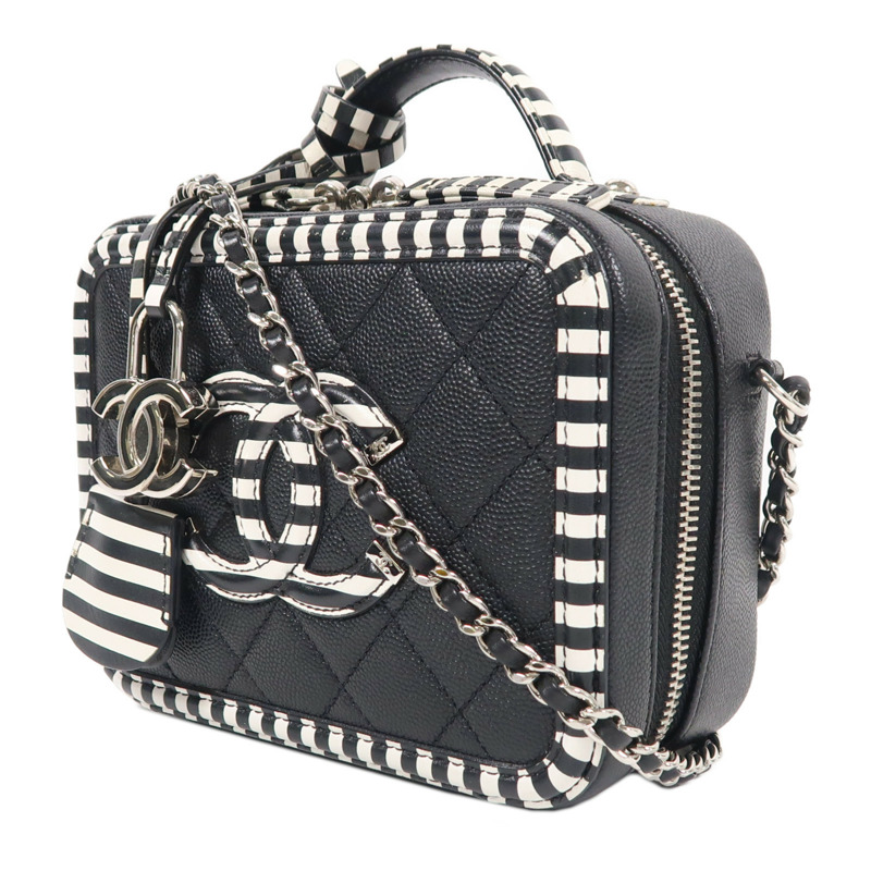 CHANEL 牛皮皮革Filigree Vanity Case銀扣手挽肩背兩用袋-2