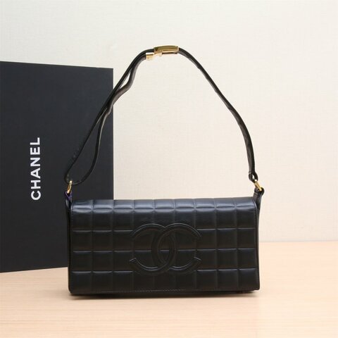 CHANEL 黑色羊皮3開金扣中古黑金羊CF翻蓋單肩包肩背包