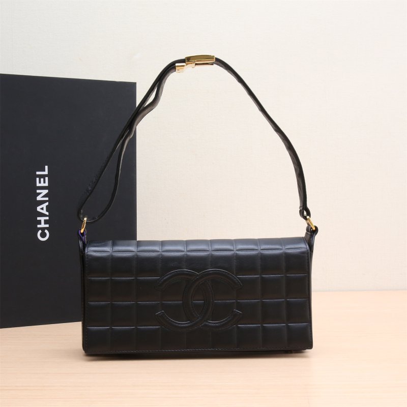 CHANEL 黑色羊皮3開金扣中古黑金羊CF翻蓋單肩包肩背包-0