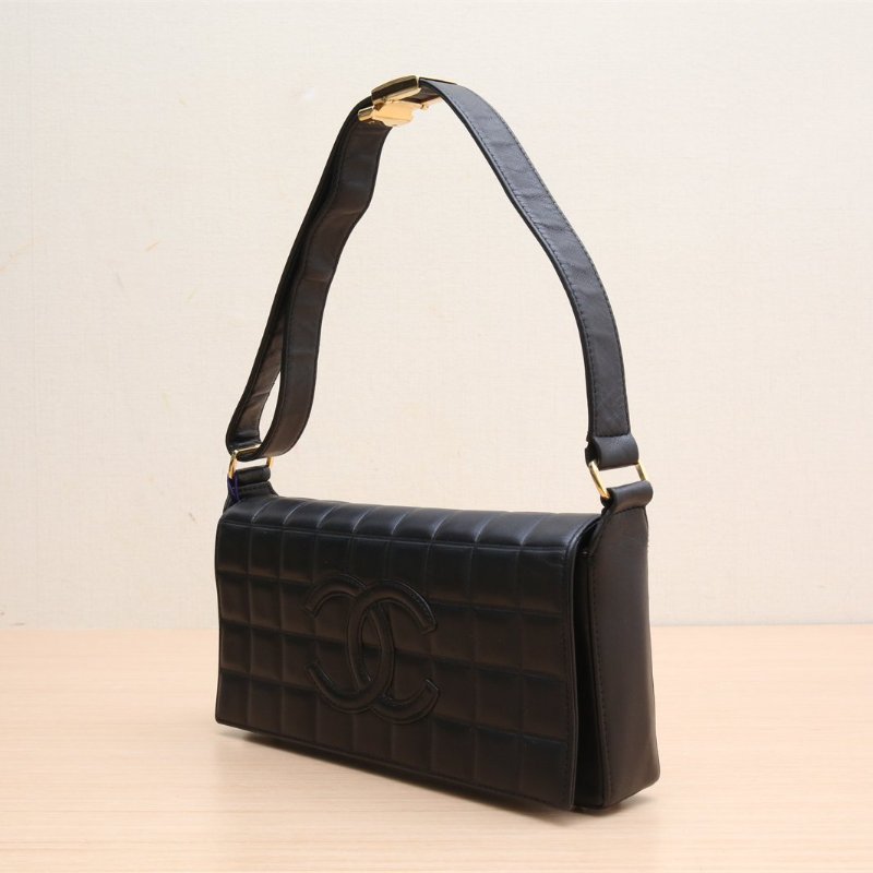 CHANEL 黑色羊皮3開金扣中古黑金羊CF翻蓋單肩包肩背包-4