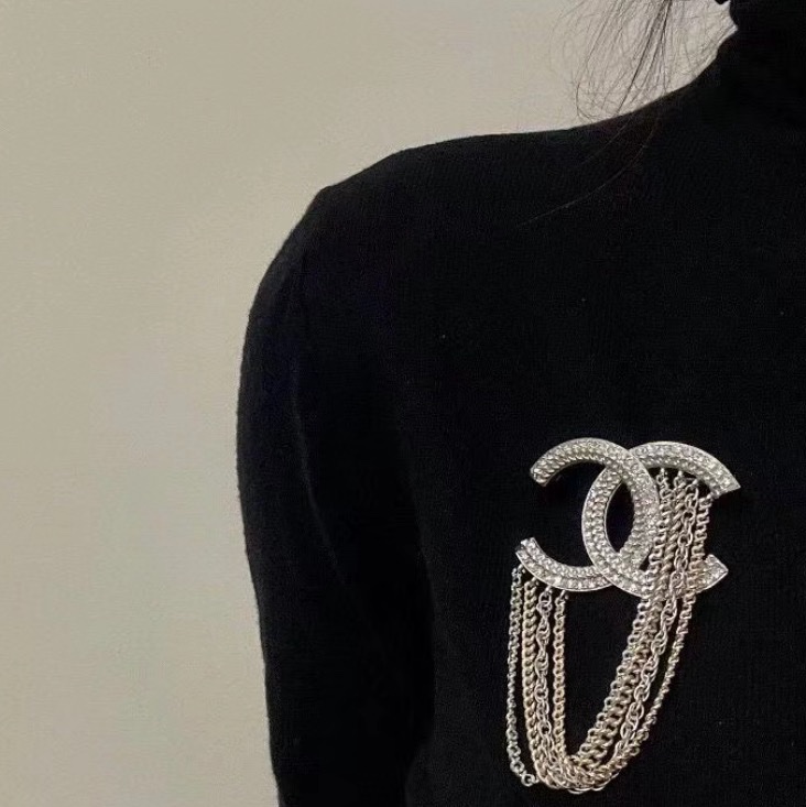 CHANEL 雙C大Logo流蘇 胸針 銀色 附件：盒子-3