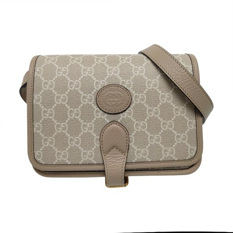 GUCCI Retro卡其色塗層帆布老花單肩包斜挎包金色五金 9.9新