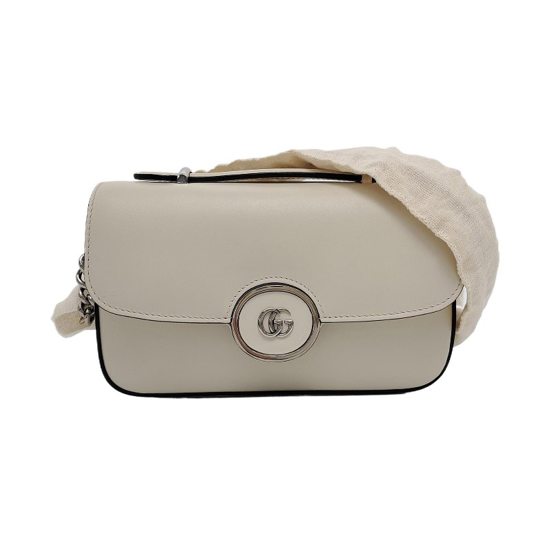 GUCCI Petite 迷你 白色牛皮斜挎包單肩包手提包 銀色五金 可拆卸肩帶 9.8新-0