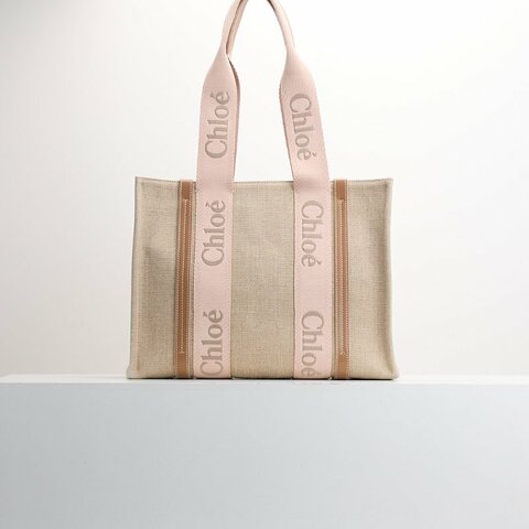 二手 Chloé Woody tote亞麻帆布中號/奶茶粉色