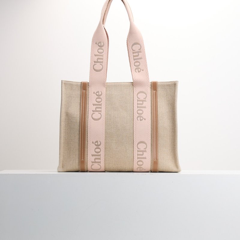 二手 Chloé Woody tote亞麻帆布中號/奶茶粉色-0