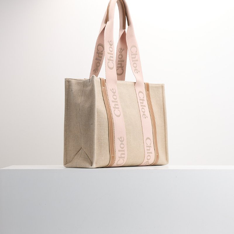 二手 Chloé Woody tote亞麻帆布中號/奶茶粉色-1
