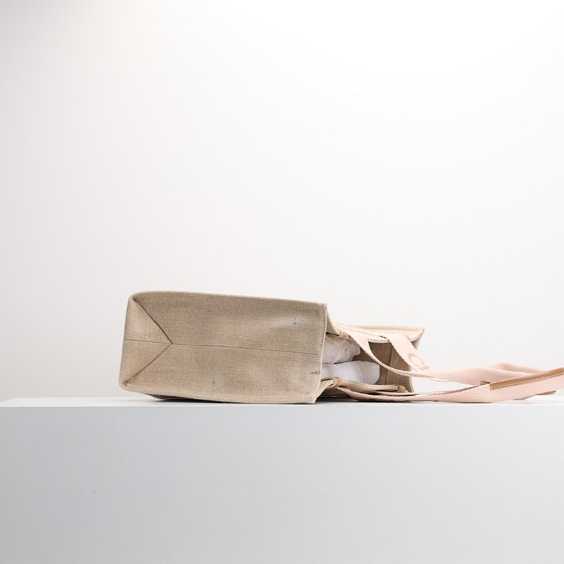 二手 Chloé Woody tote亞麻帆布中號/奶茶粉色-3