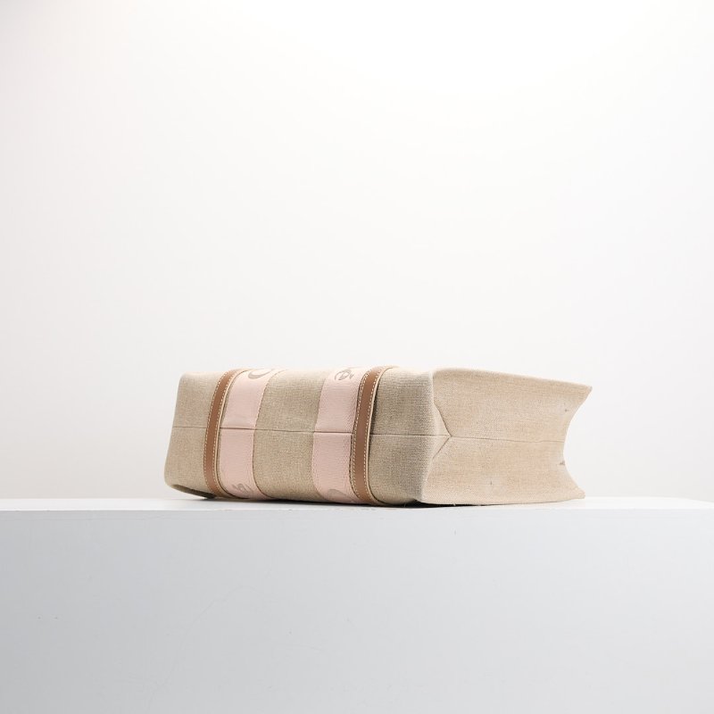 二手 Chloé Woody tote亞麻帆布中號/奶茶粉色-4