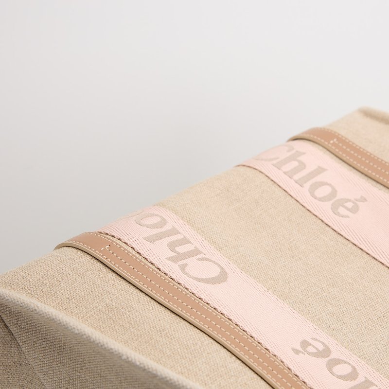 二手 Chloé Woody tote亞麻帆布中號/奶茶粉色-5