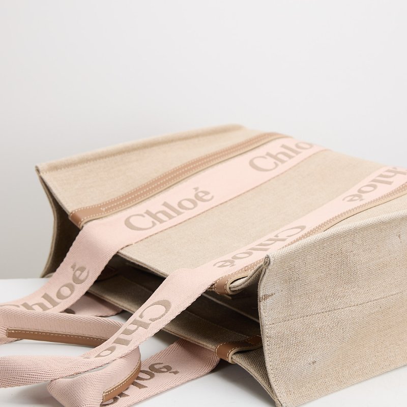 二手 Chloé Woody tote亞麻帆布中號/奶茶粉色-7