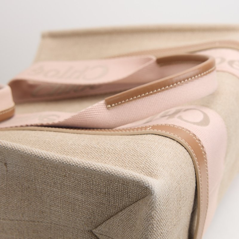 二手 Chloé Woody tote亞麻帆布中號/奶茶粉色-8