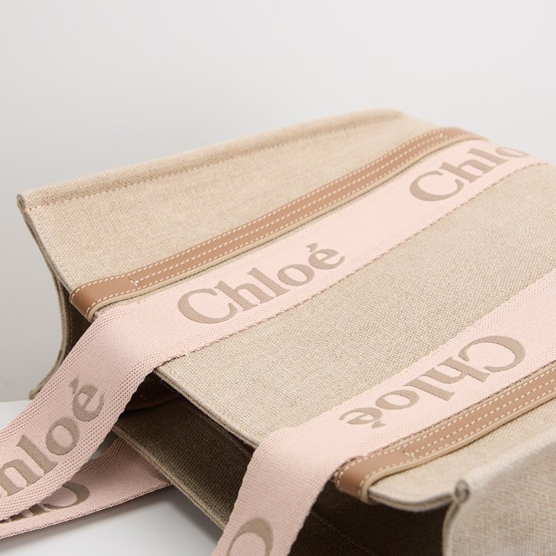二手 Chloé Woody tote亞麻帆布中號/奶茶粉色-9