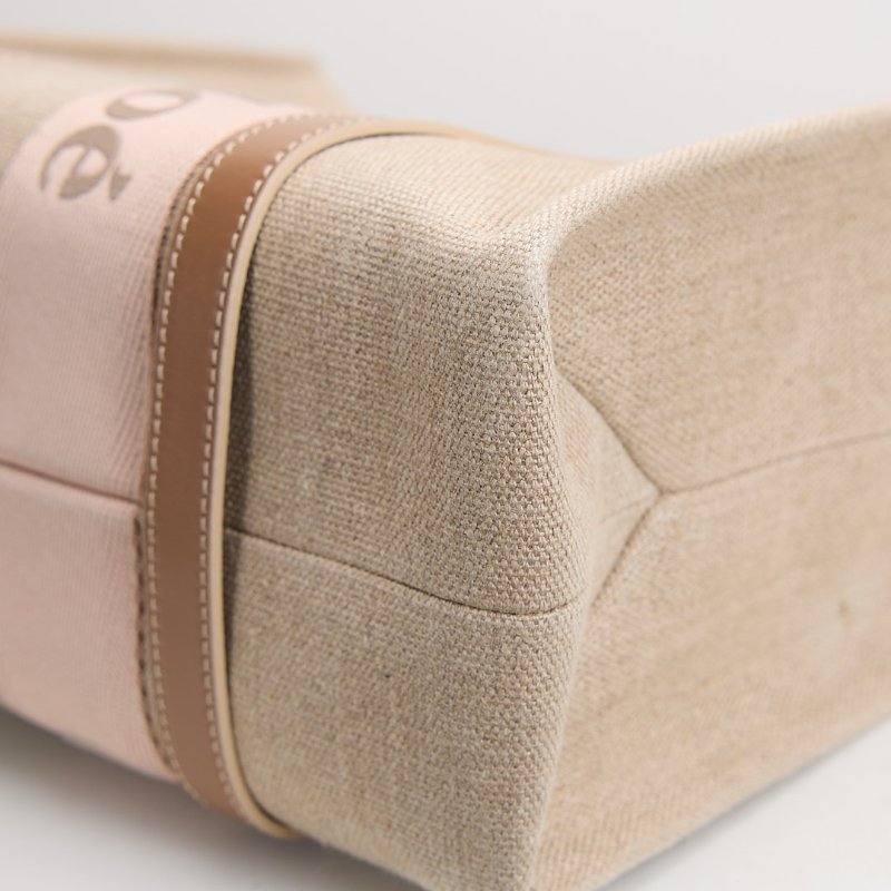 二手 Chloé Woody tote亞麻帆布中號/奶茶粉色-12