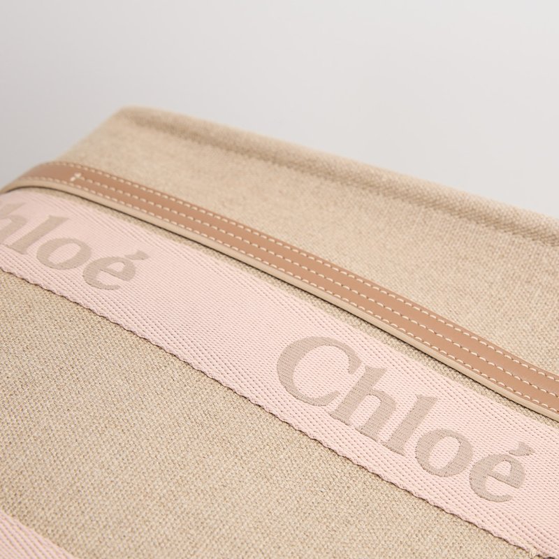 二手 Chloé Woody tote亞麻帆布中號/奶茶粉色-15