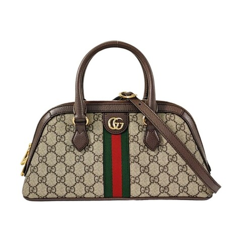 GUCCI Ophidia小號米色塗層帆布老花條紋織帶單肩包手提包斜挎包 金色五金 可拆卸肩帶