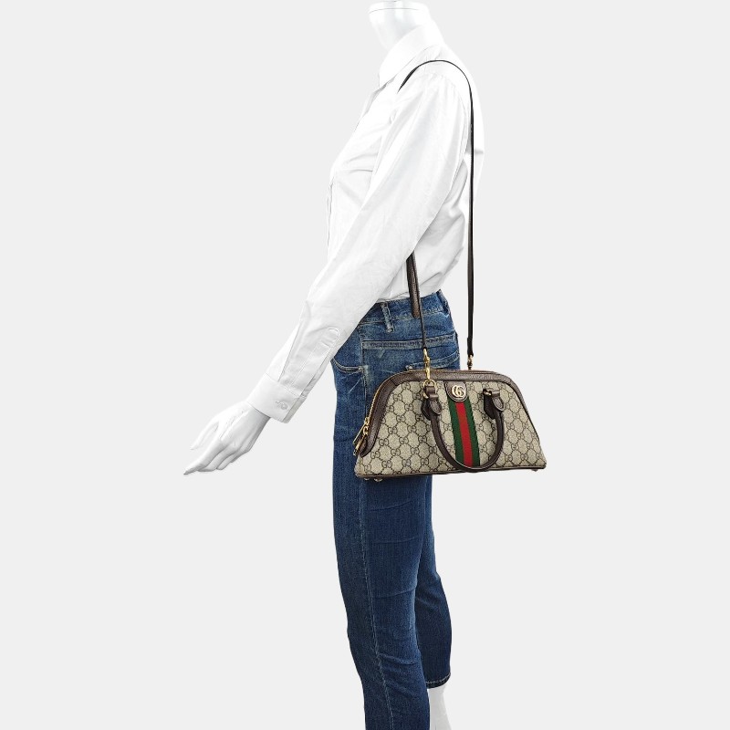 GUCCI Ophidia小號米色塗層帆布老花條紋織帶單肩包手提包斜挎包 金色五金 可拆卸肩帶-1