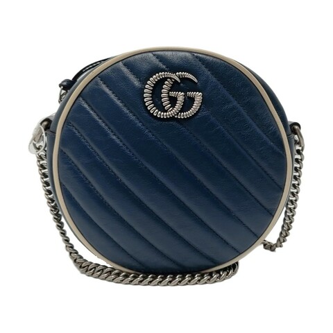 GUCCI GG Marmont迷你 藍色牛皮絎縫斜紋單肩包 銀色五金