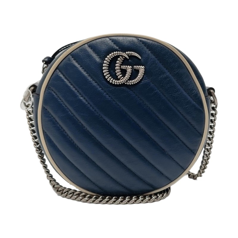 GUCCI GG Marmont迷你 藍色牛皮絎縫斜紋單肩包 銀色五金-0