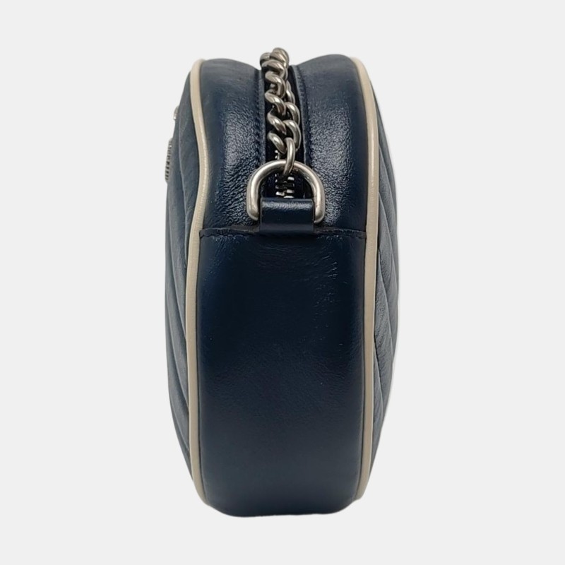 GUCCI GG Marmont迷你 藍色牛皮絎縫斜紋單肩包 銀色五金-2