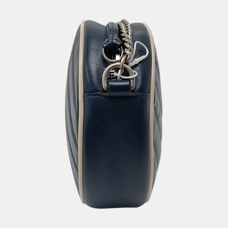 GUCCI GG Marmont迷你 藍色牛皮絎縫斜紋單肩包 銀色五金-3