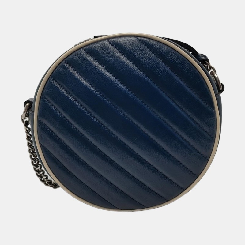 GUCCI GG Marmont迷你 藍色牛皮絎縫斜紋單肩包 銀色五金-4