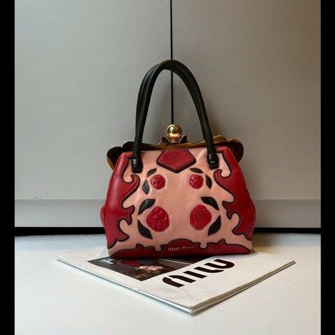 Miu Miu 粉/紅色皮革拼接手提包