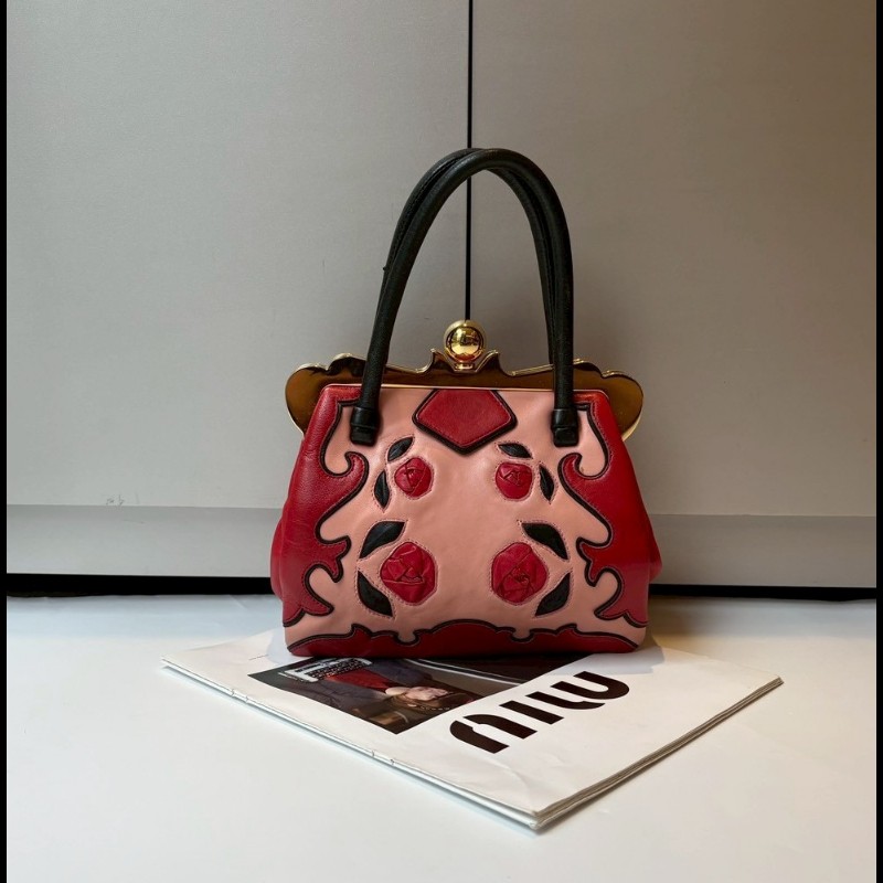 Miu Miu 粉/紅色皮革拼接手提包-1