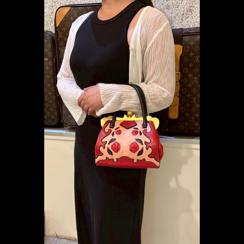 Miu Miu 粉/紅色皮革拼接手提包-2