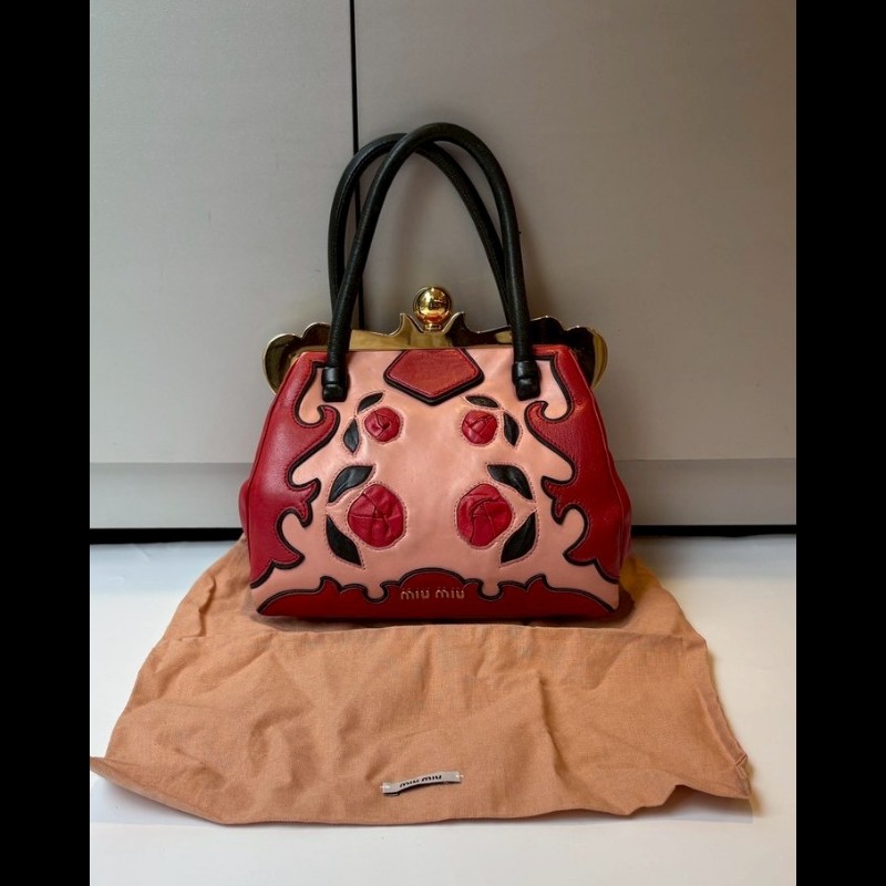 Miu Miu 粉/紅色皮革拼接手提包-3