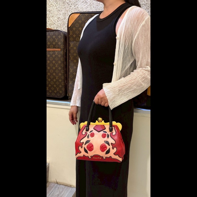 Miu Miu 粉/紅色皮革拼接手提包-4