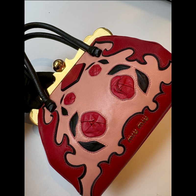 Miu Miu 粉/紅色皮革拼接手提包-8