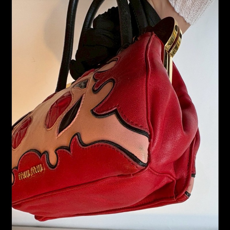 Miu Miu 粉/紅色皮革拼接手提包-13