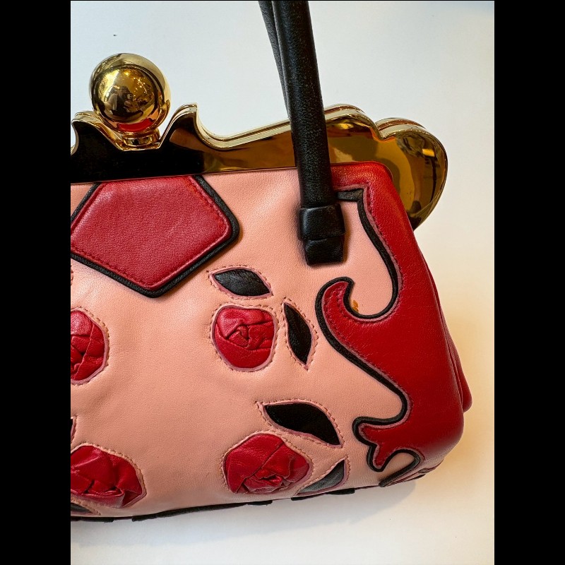 Miu Miu 粉/紅色皮革拼接手提包-16