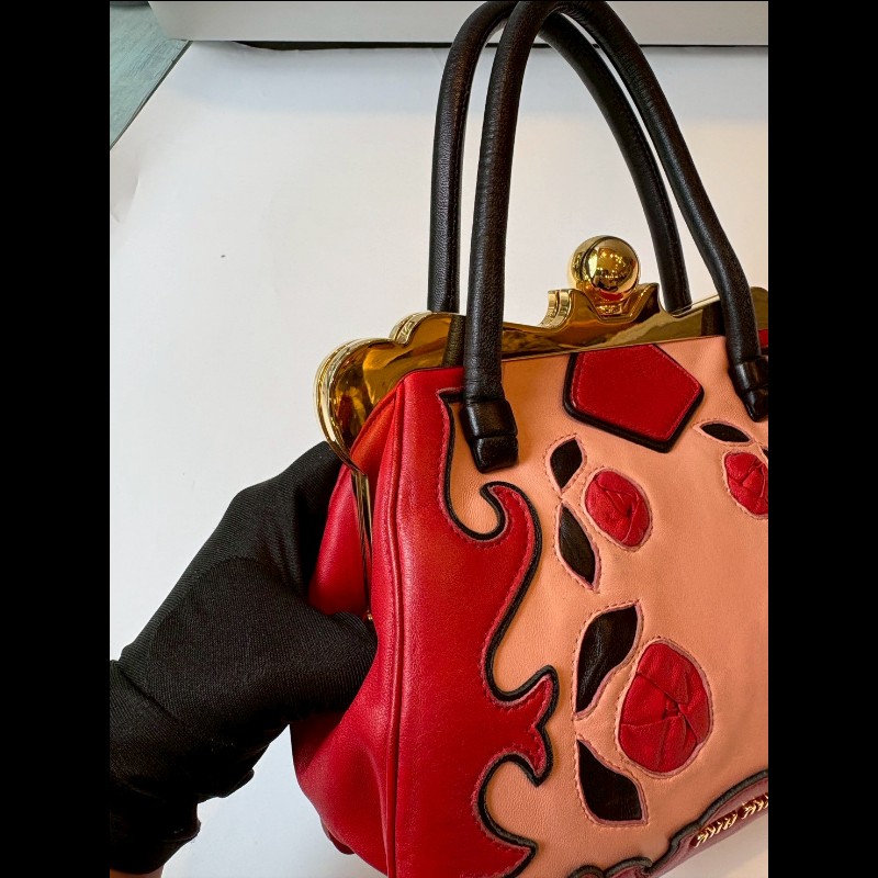 Miu Miu 粉/紅色皮革拼接手提包-18