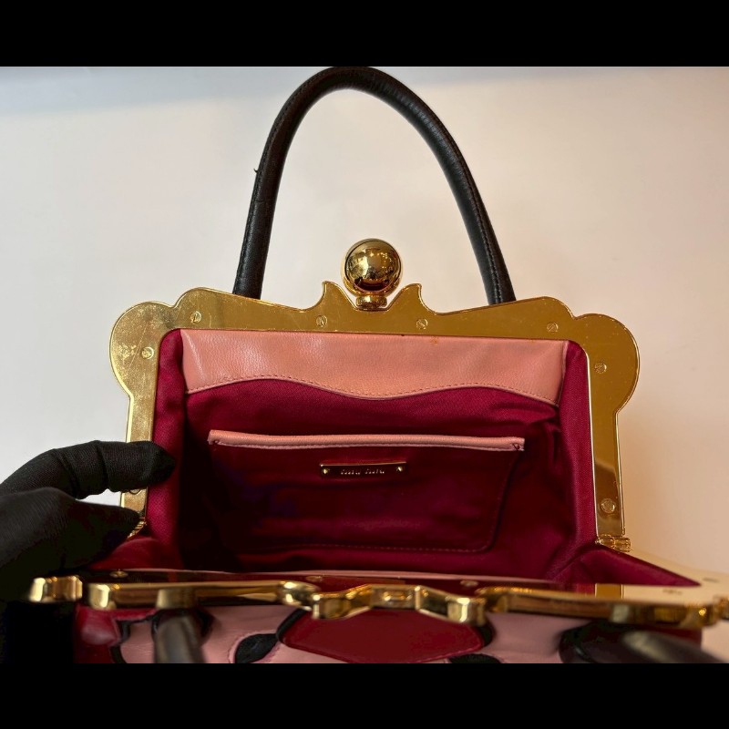 Miu Miu 粉/紅色皮革拼接手提包-21