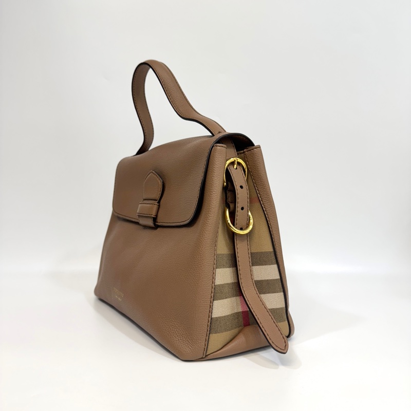 Burberry深沙色牛皮拼格紋手提斜背包40611731-1