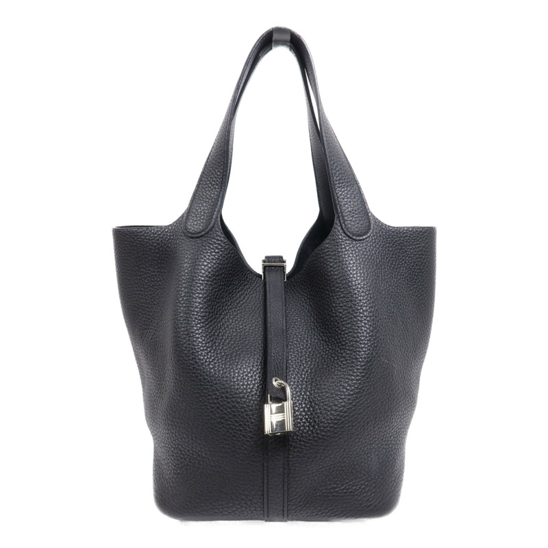 HERMES Clemence皮革Picotin MM銀扣手挽袋Noir-0