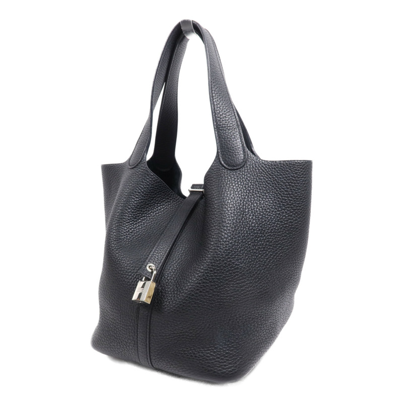 HERMES Clemence皮革Picotin MM銀扣手挽袋Noir-1