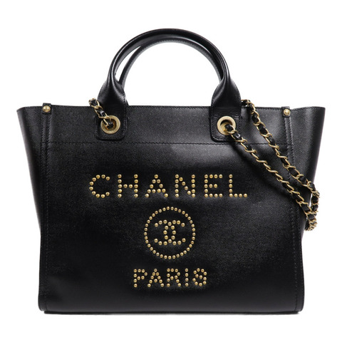 CHANEL 牛皮皮革Deauville金扣鏈帶手挽肩背兩用袋