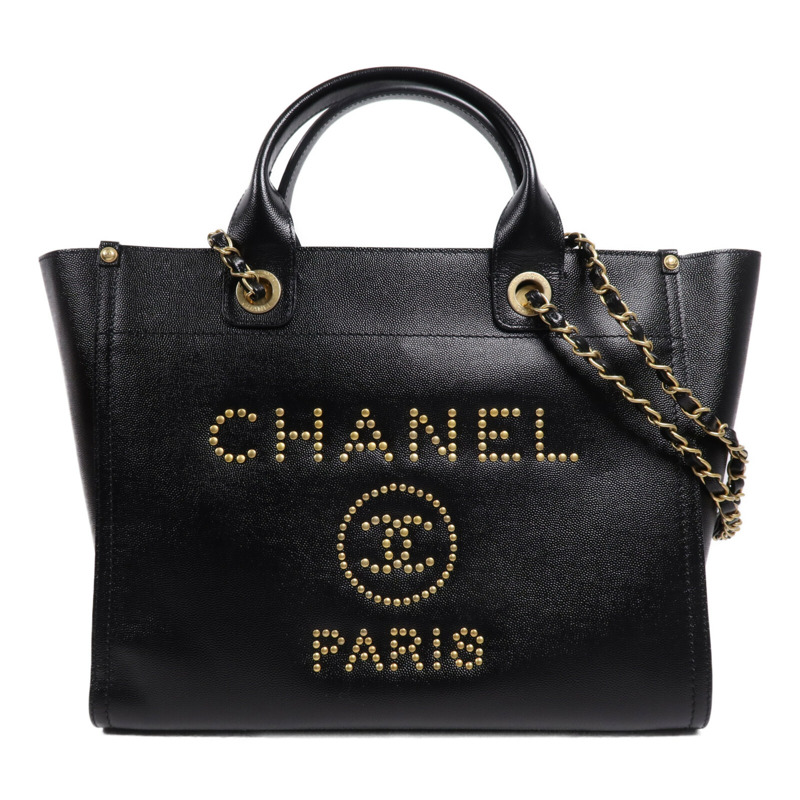 CHANEL 牛皮皮革Deauville金扣鏈帶手挽肩背兩用袋-0