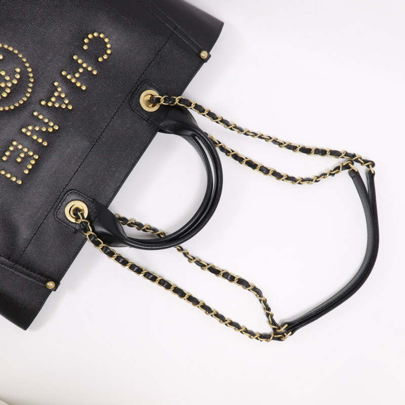 CHANEL 牛皮皮革Deauville金扣鏈帶手挽肩背兩用袋-5