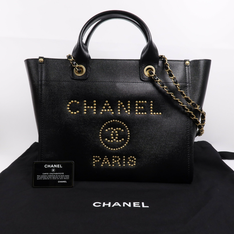 CHANEL 牛皮皮革Deauville金扣鏈帶手挽肩背兩用袋-6
