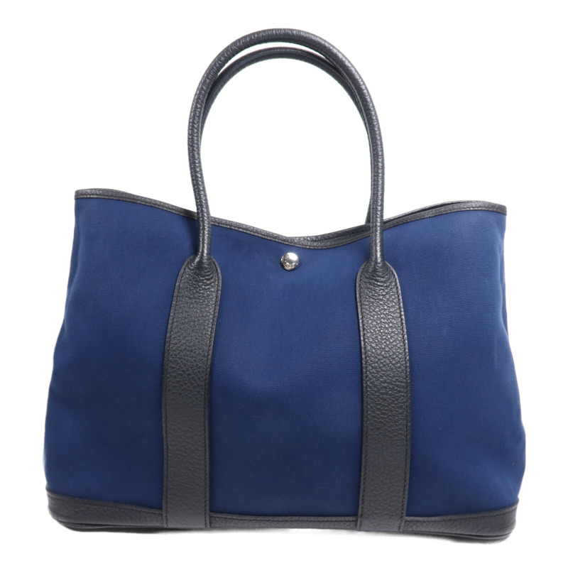 HERMES 帆布/皮革Garden Party PM銀扣手挽袋Leder Blue-0