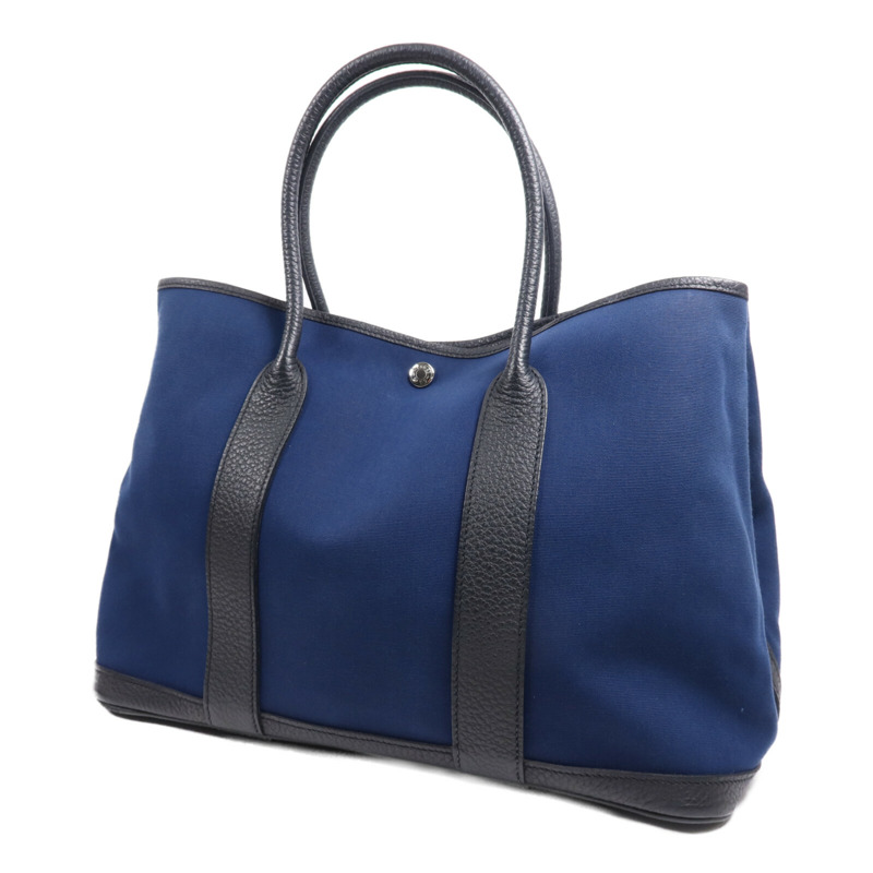 HERMES 帆布/皮革Garden Party PM銀扣手挽袋Leder Blue-2