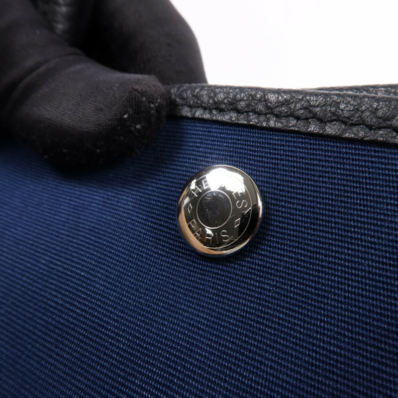 HERMES 帆布/皮革Garden Party PM銀扣手挽袋Leder Blue-10
